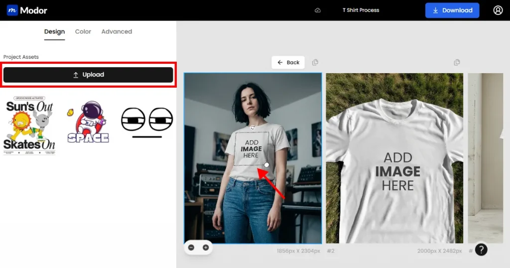 upload a t-shirt design on modor