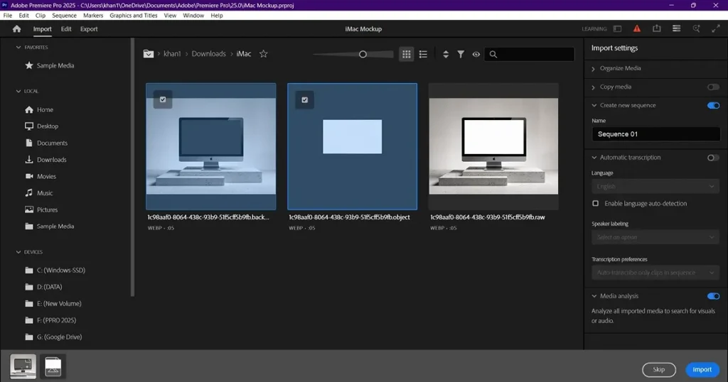 Import iMac mockup on Premiere Pro