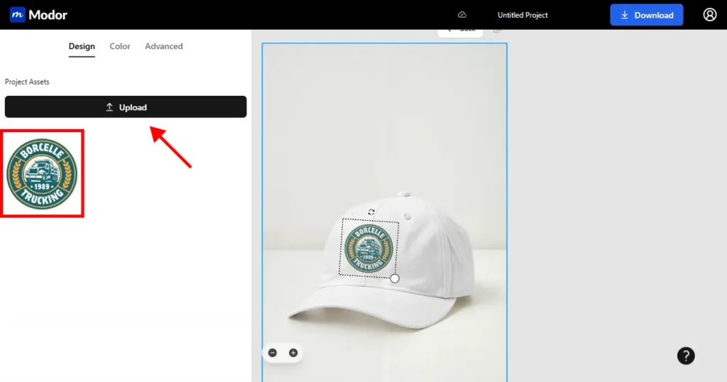 Upload hat mockup design on Modor