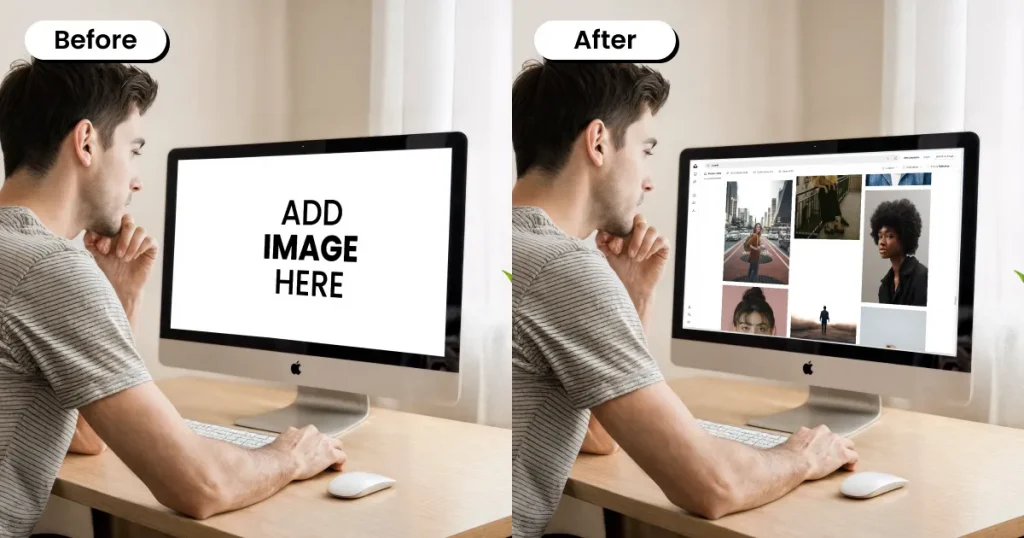 3/4 angle view of an iMac mockup featuring a person