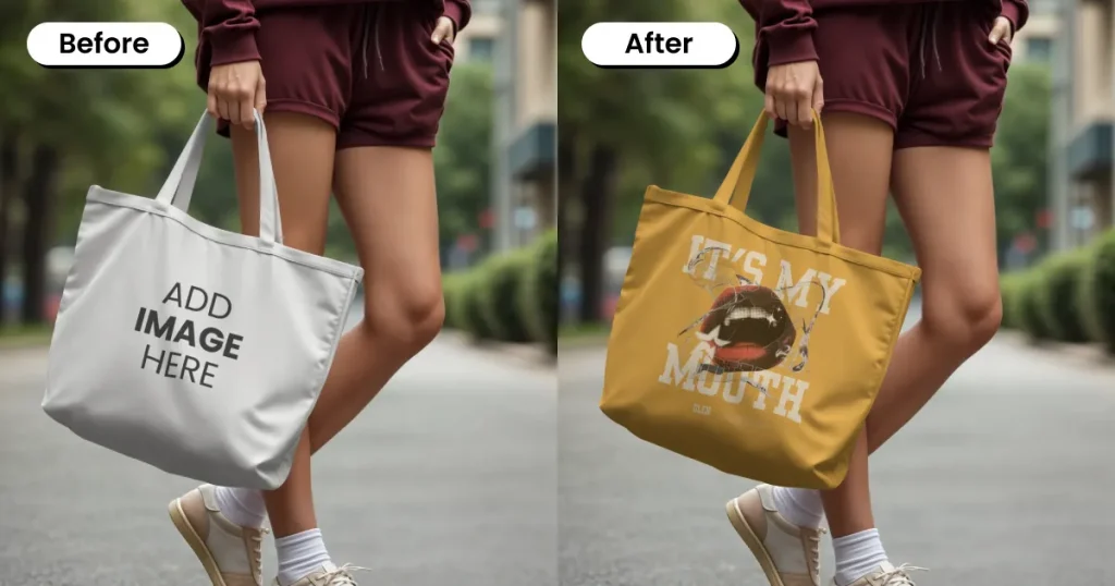 Model wearing a maroon outfit holding a tote bag mockup