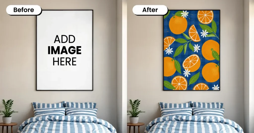 poster mockup templates placed in a bedroom setting