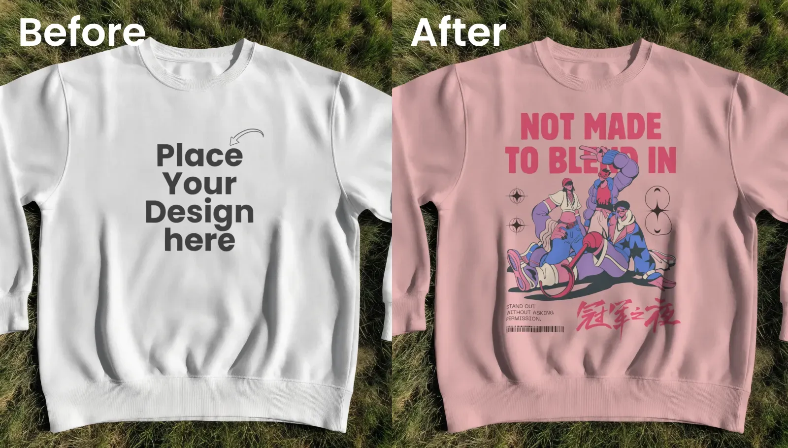 Bold flat lay sweatshirt mockup against grass background