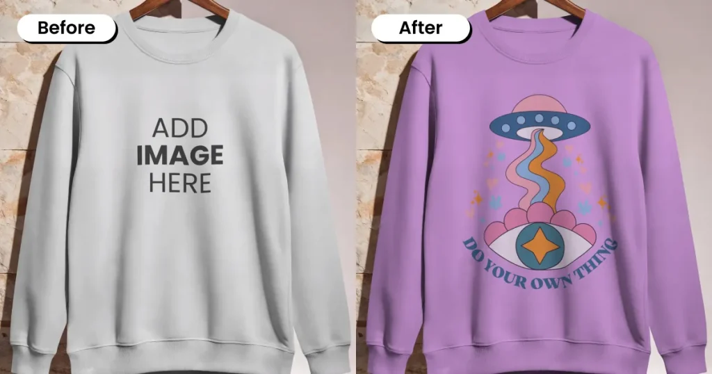 Bright hanging sweatshirt mockup against a textured wall