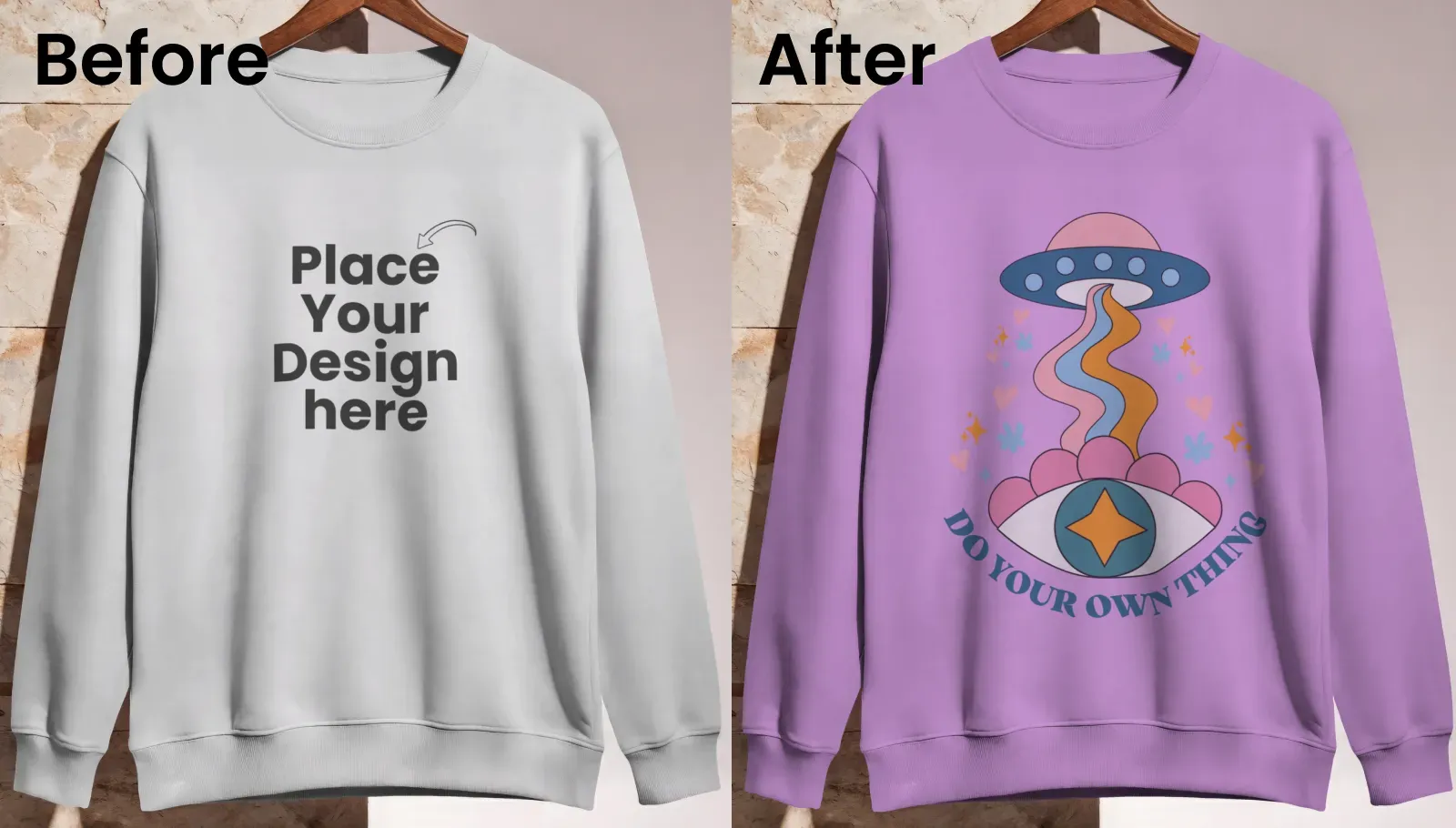 Bright hanging sweatshirt mockup against a textured wall