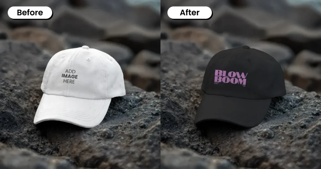 Cap mockup resting on dark, textured rocks