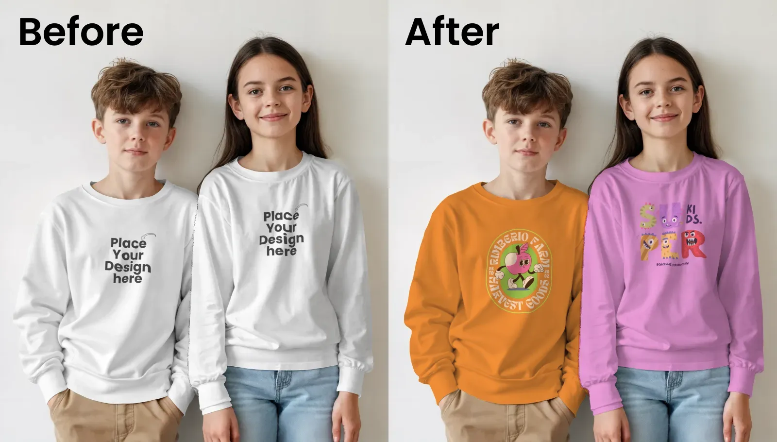 Children’s lifestyle sweatshirt mockup featuring two kids