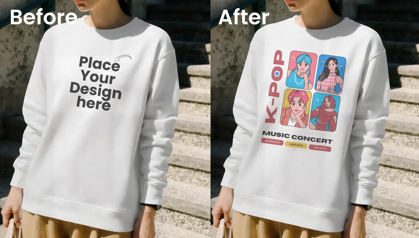 Clean sweatshirt mockup against an outdoor stairway background