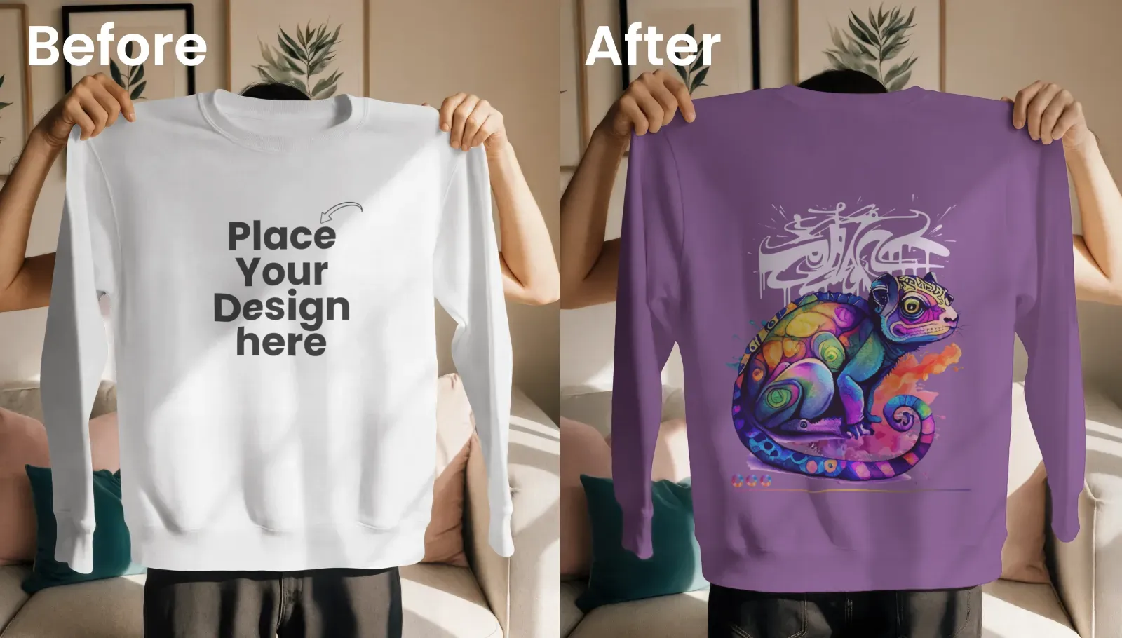 Cozy lifestyle sweatshirt mockup in living room