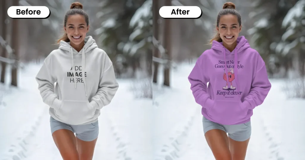 female walking in snow hoodie mockup template