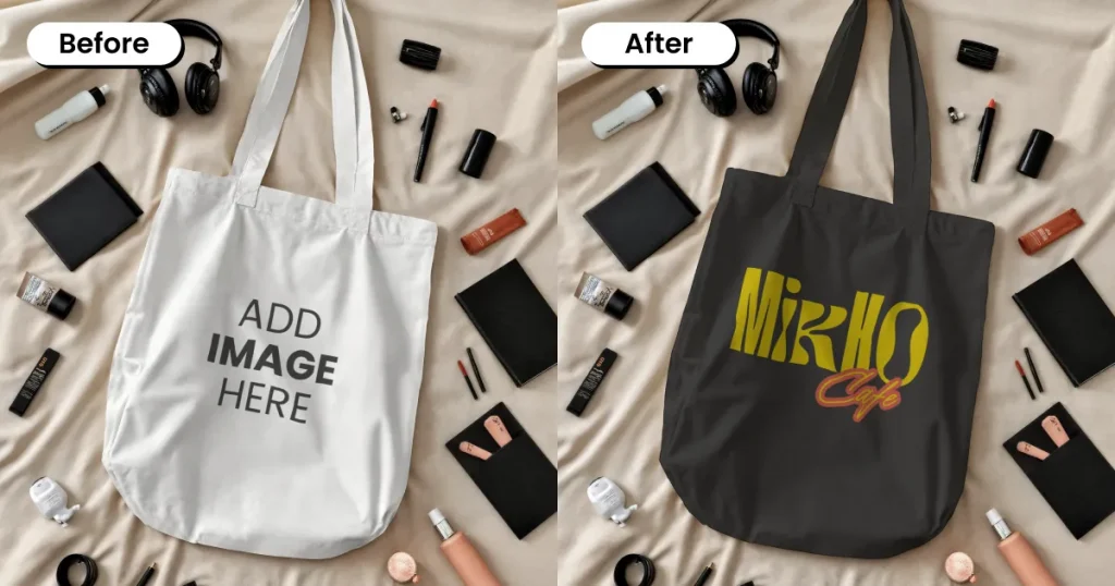 Flat lay black tote bag mockup with everyday essentials