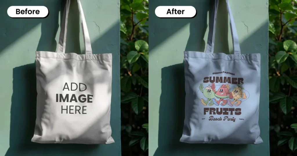 Hanging tote bag mockup on a textured green wall