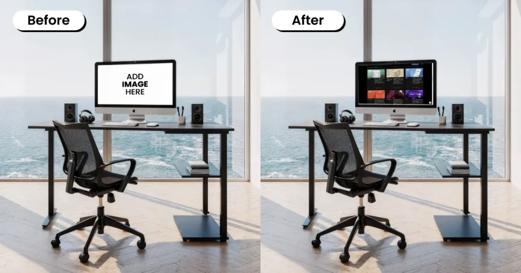 iMac mockup in a professional workspace setup