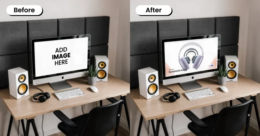 iMac mockup online with an audio system