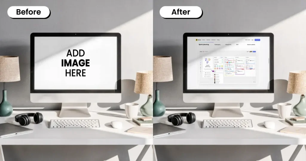 iMac mockup with notebooks and lamps