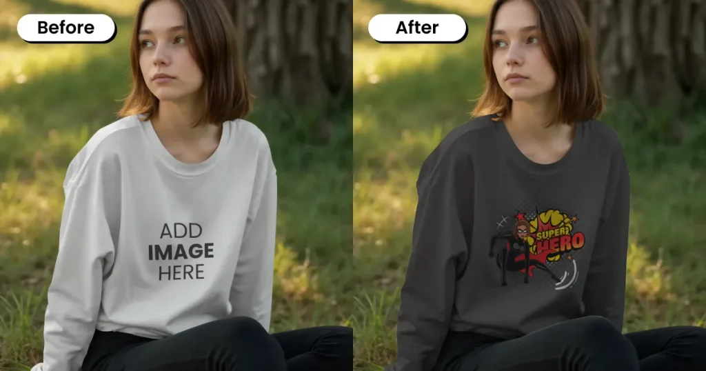 Lifestyle black sweatshirt mockup featuring young woman