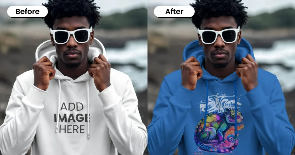 male model wearing sunglasses and hoodie mockup template