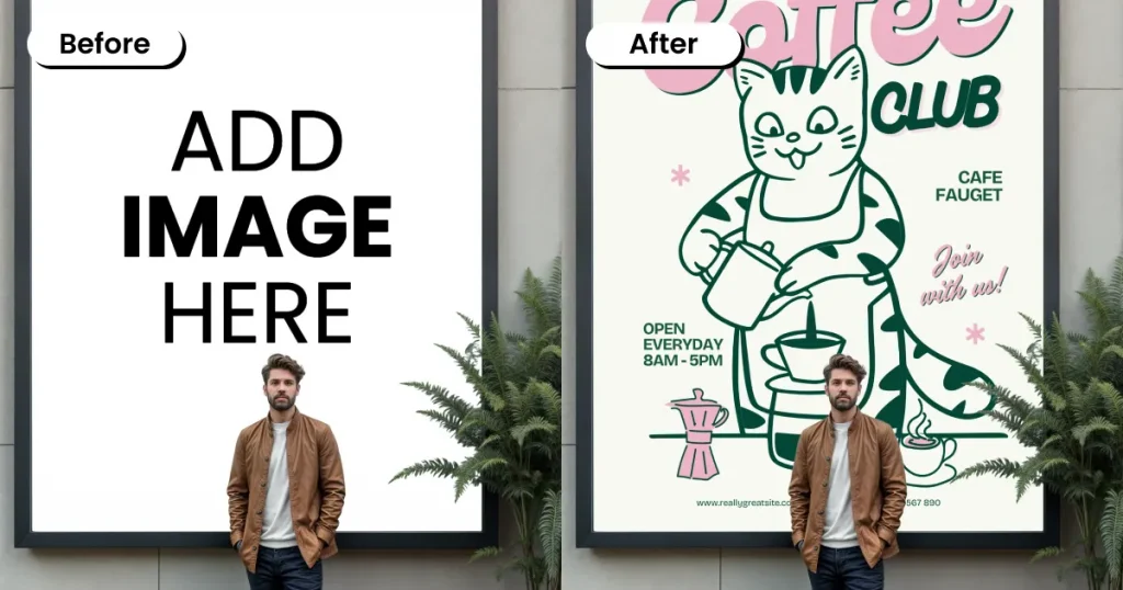 Minimalist Billboard mockup outside a cafe