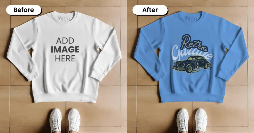 Minimalist flat lay sweatshirt mockup on wooden floor