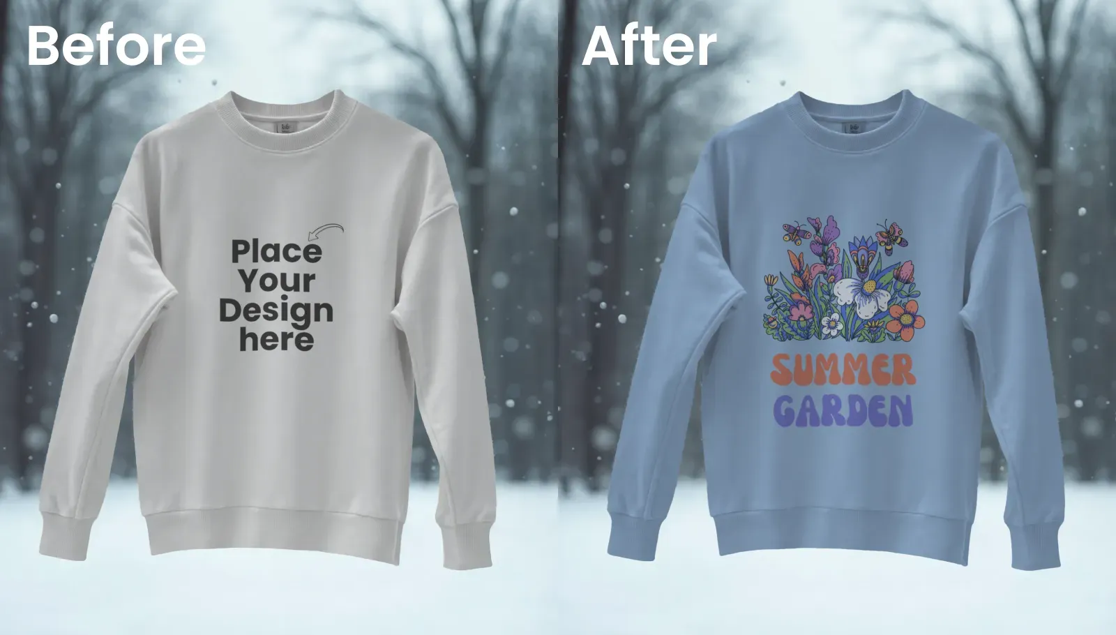 Minimalist floating sweatshirt mockup in winter scene