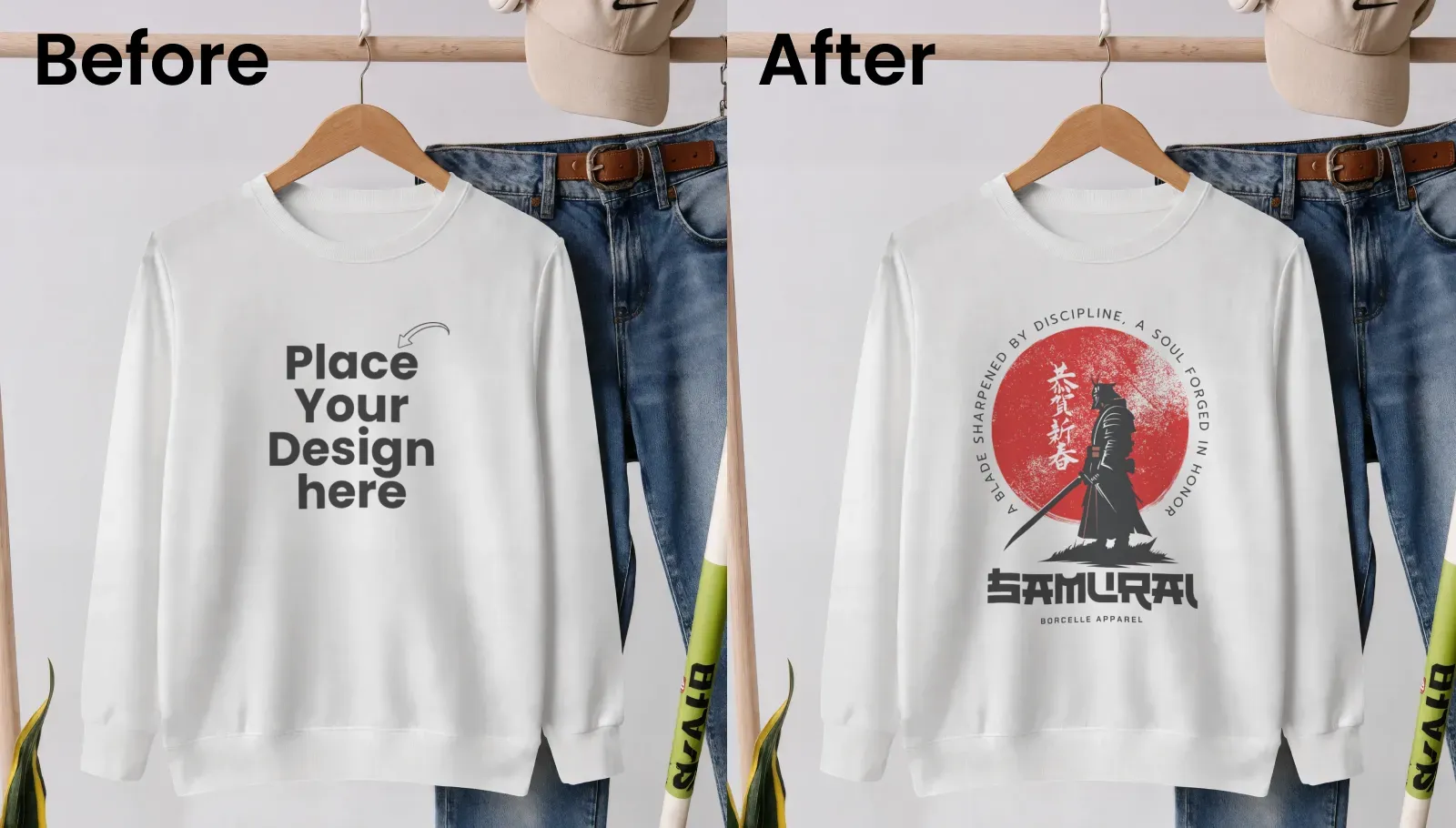 Minimalist outfit display sweatshirt mockup with jeans