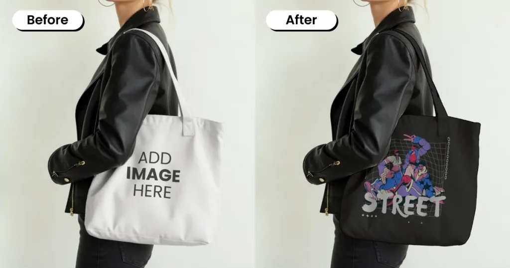 Model in a leather jacket carrying a tote bag mockup