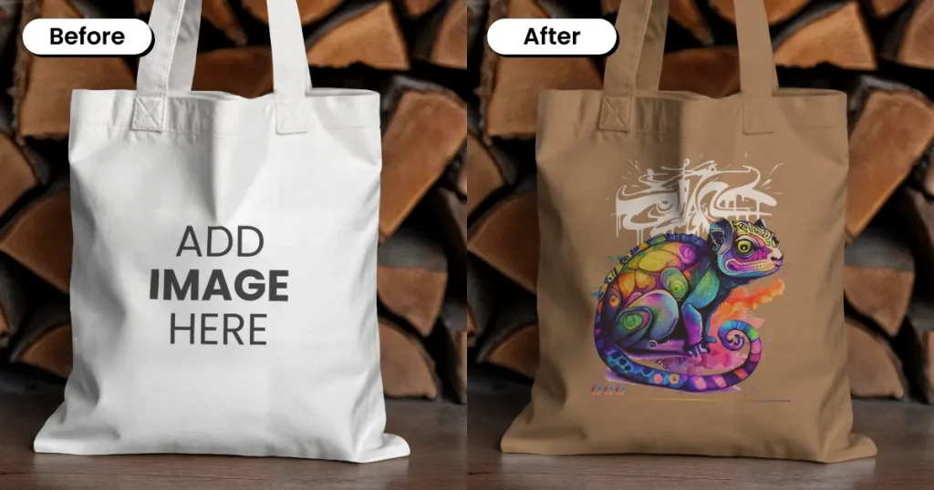 Tote bag mockup against rustic wooden logs