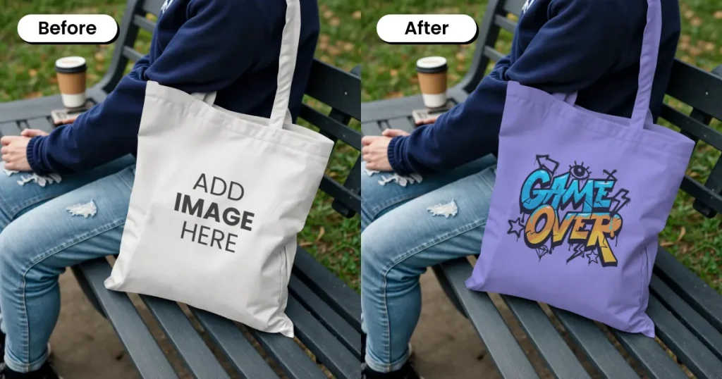 Tote bag mockup placed on a park bench