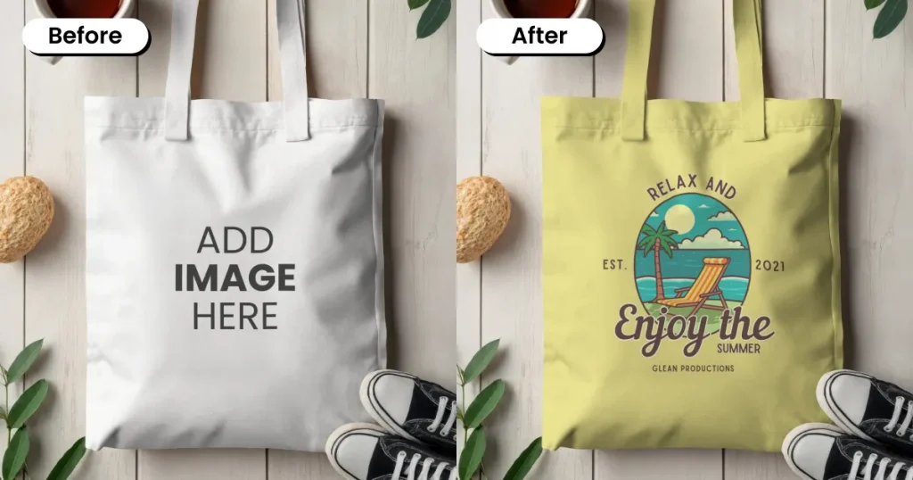 Tote bag mockup with sneakers and tea