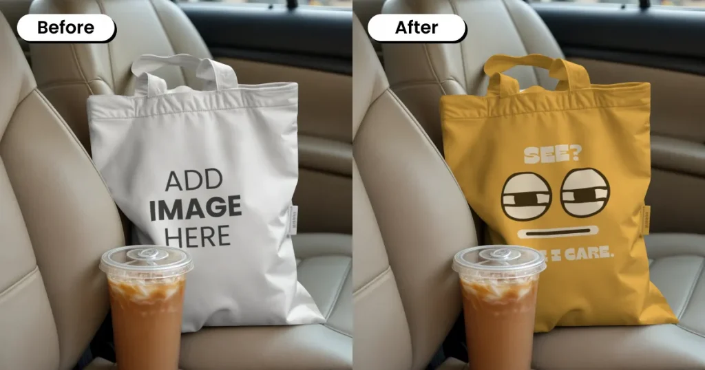 Tote bag mockup placed on beige leather car seats