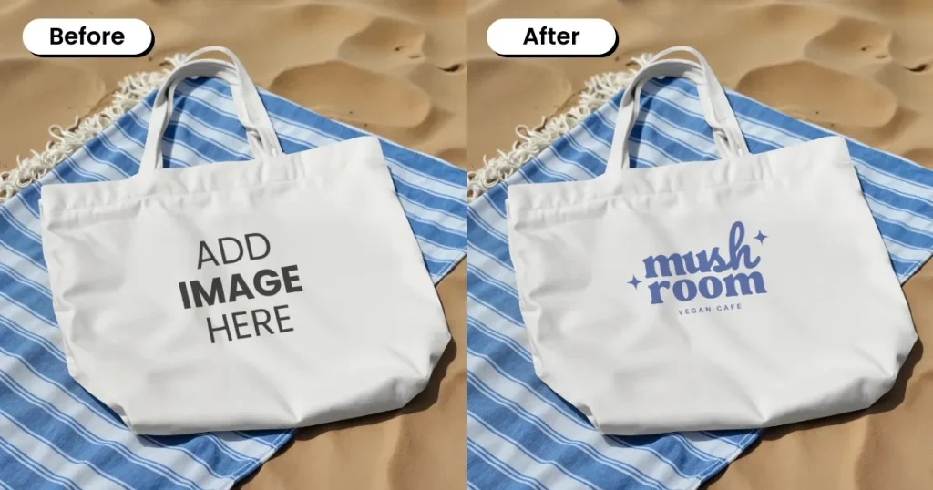 Tote bag mockup on a towel over sand dunes