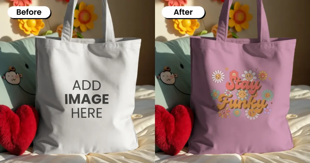 Tote bag mockup surrounded by plush toys