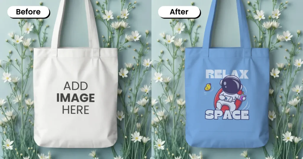 Tote bag mockup surrounded by white flowers