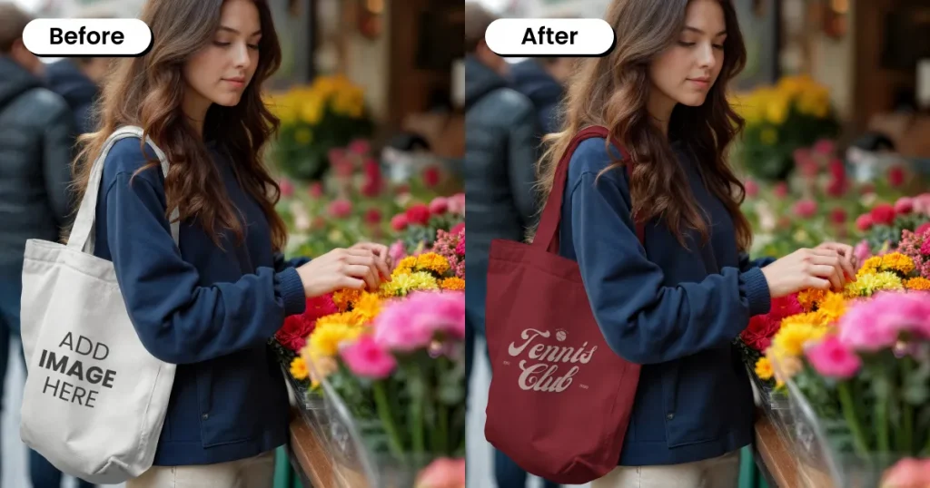 Woman holding a tote bag mockup at a flower market