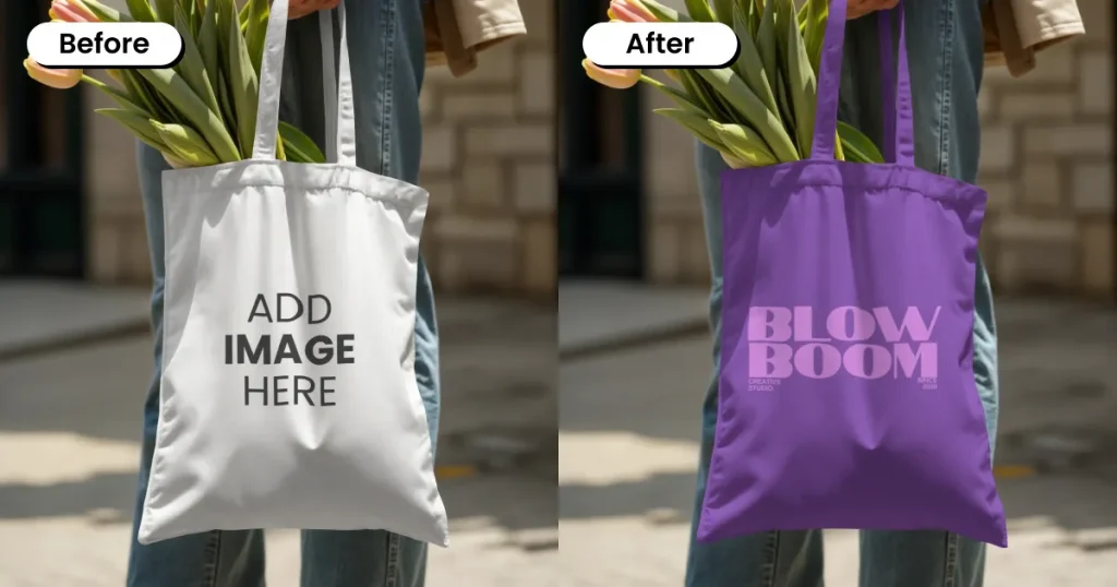 Woman holding a tote bag mockup filled with tulips