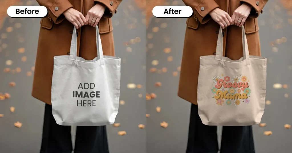 Woman holding a tote bag mockup in an autumn park
