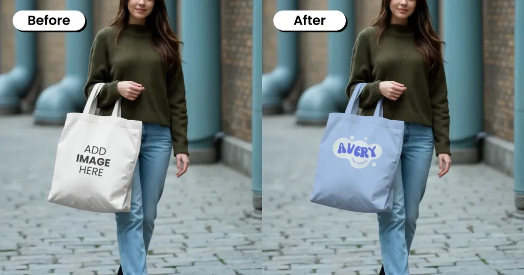 Woman walking in an urban setting carrying a tote bag mockup
