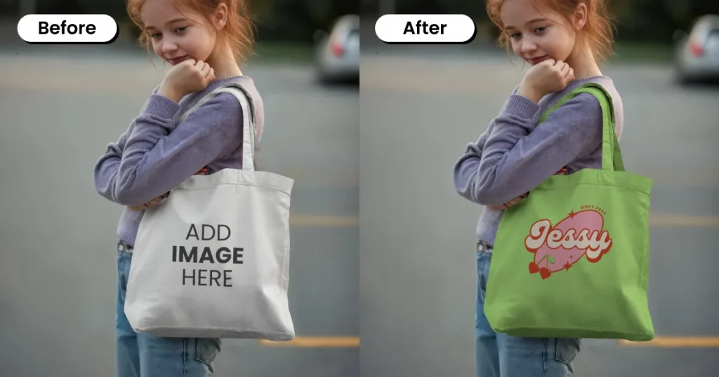 Young girl holding a tote bag mockup