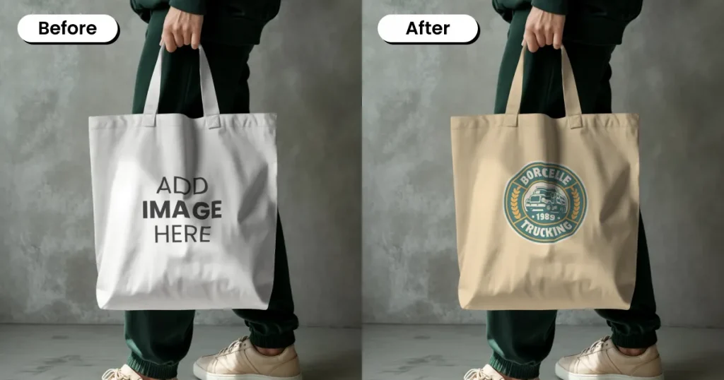 Model holding tote bag mockup against a grey concrete wall