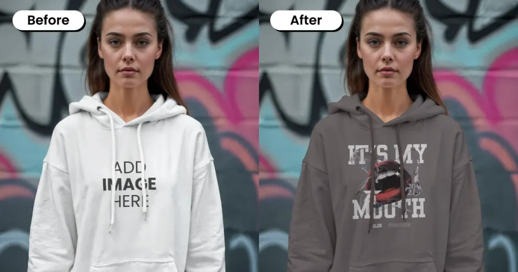 female model front-view black hoodie mockup