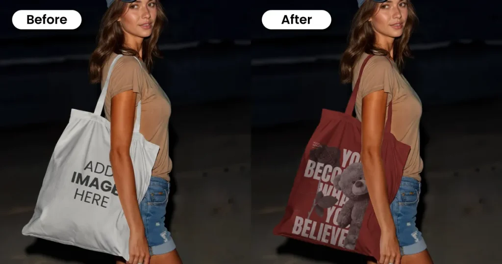 Tote bag mockup with a model at a nighttime beach