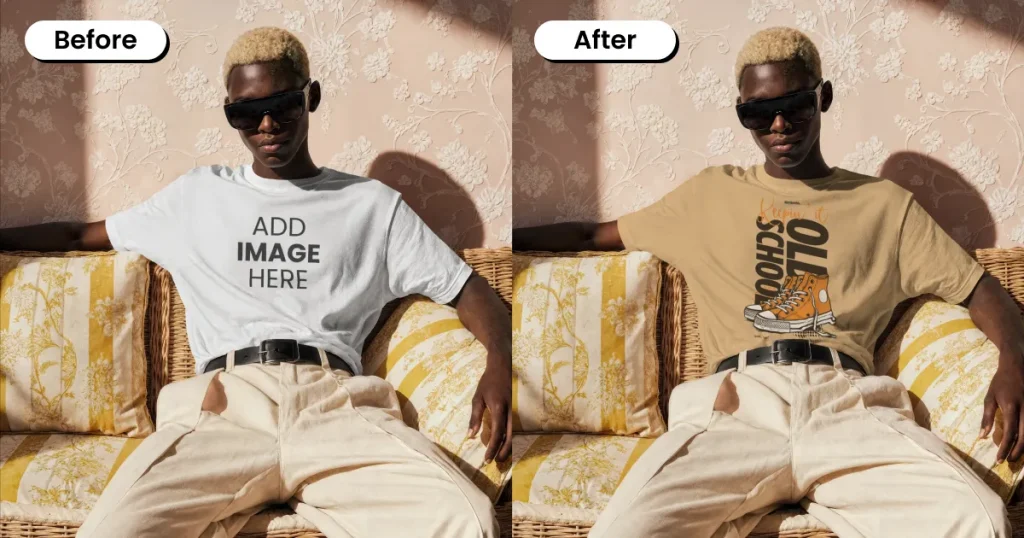 Model on a sofa t-shirt mockup