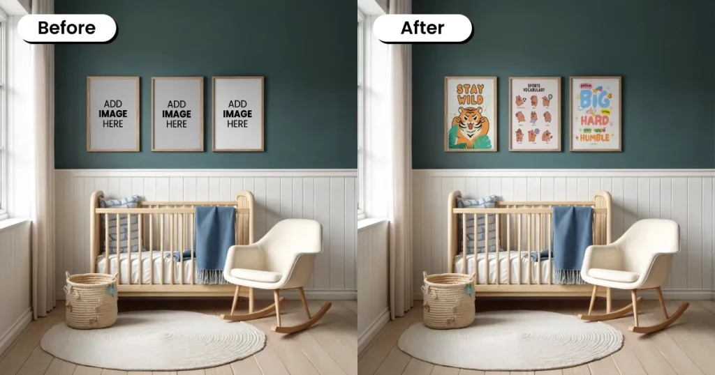 Multiple poster mockups in a children's room