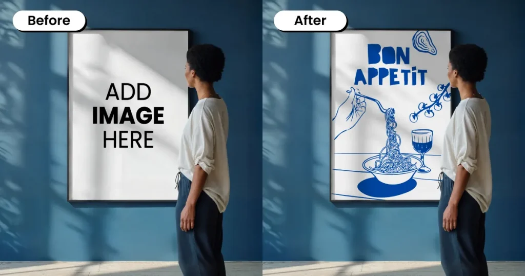 Poster mockup with a person standing next to it