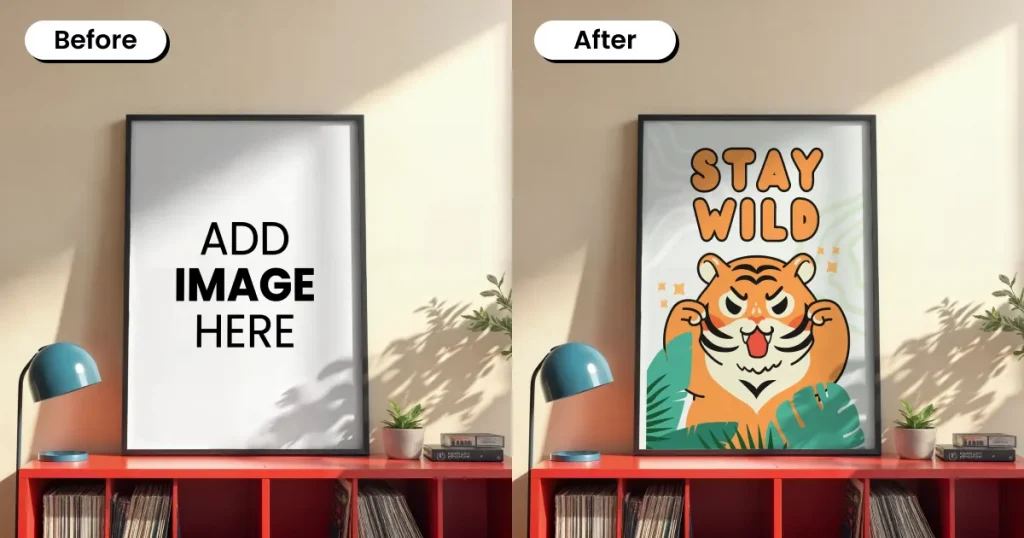 poster mockup placed on a study table setup