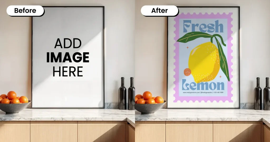 poster mockup templates displayed in a modern kitchen setup