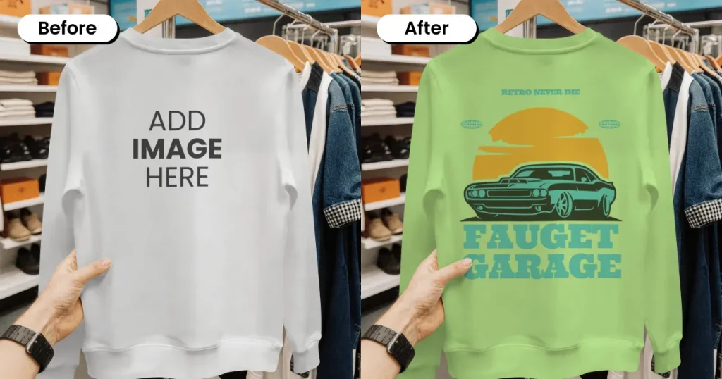 Retail hanger sweatshirt mockup in a store setting