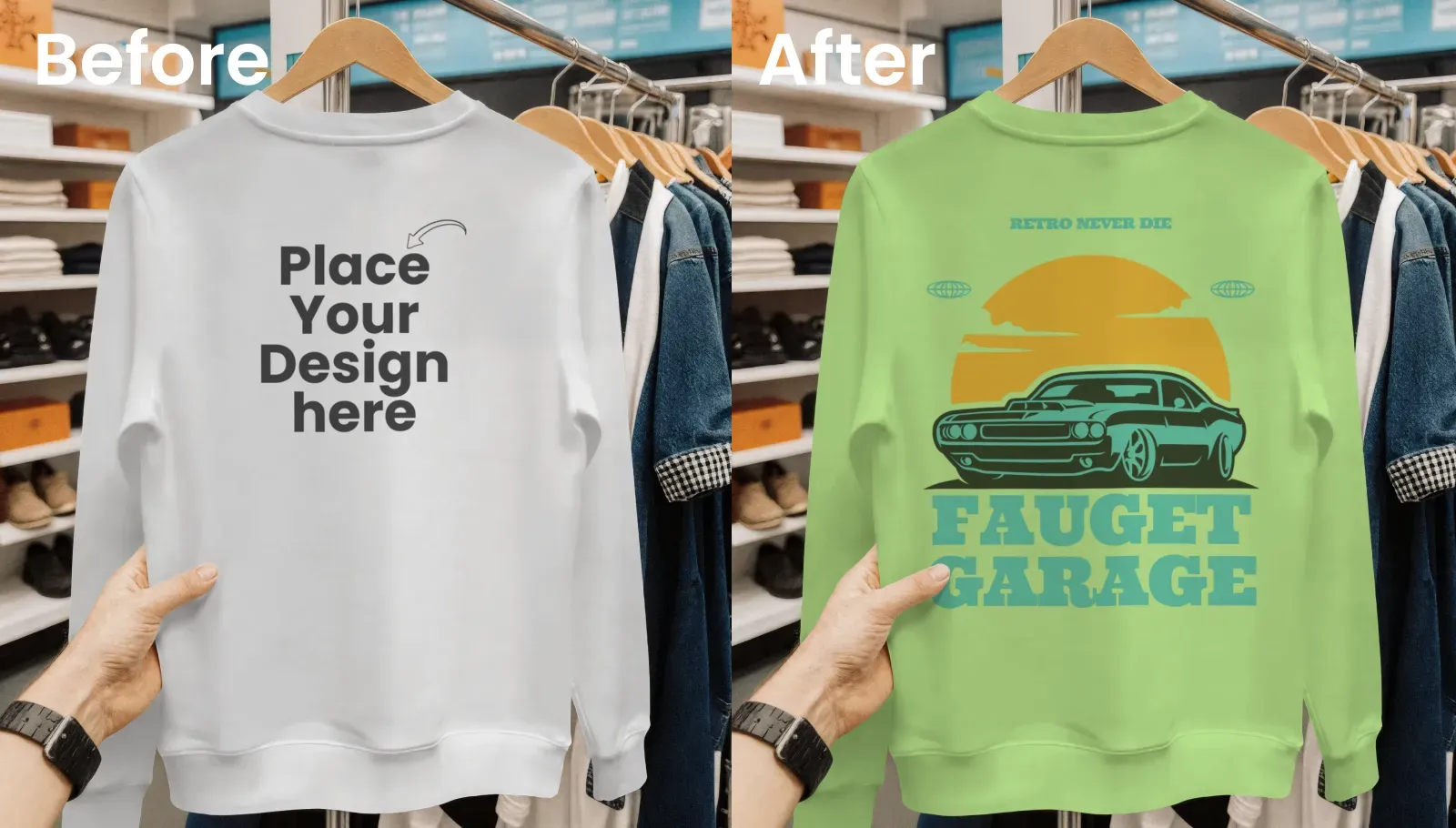 Retail hanger sweatshirt mockup in store setting