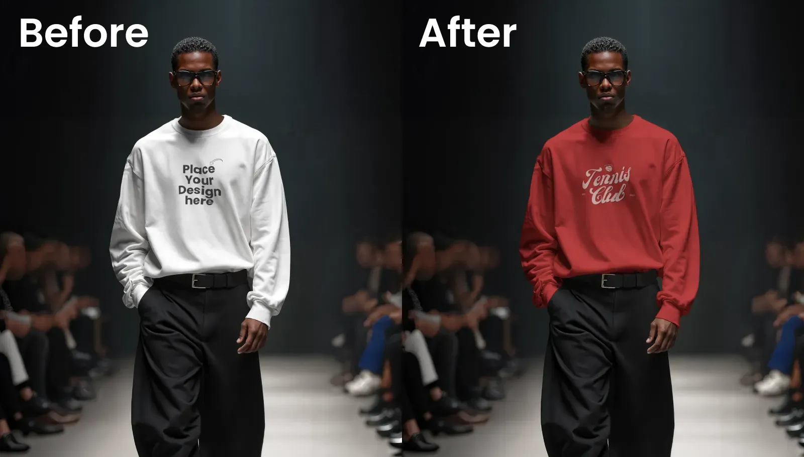 Runway lifestyle sweatshirt mockup with male model