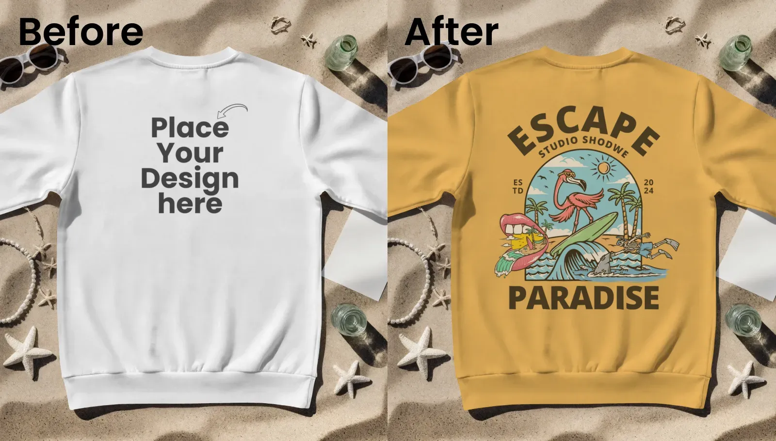 Sandy flat lay sweatshirt mockup with beach accessories